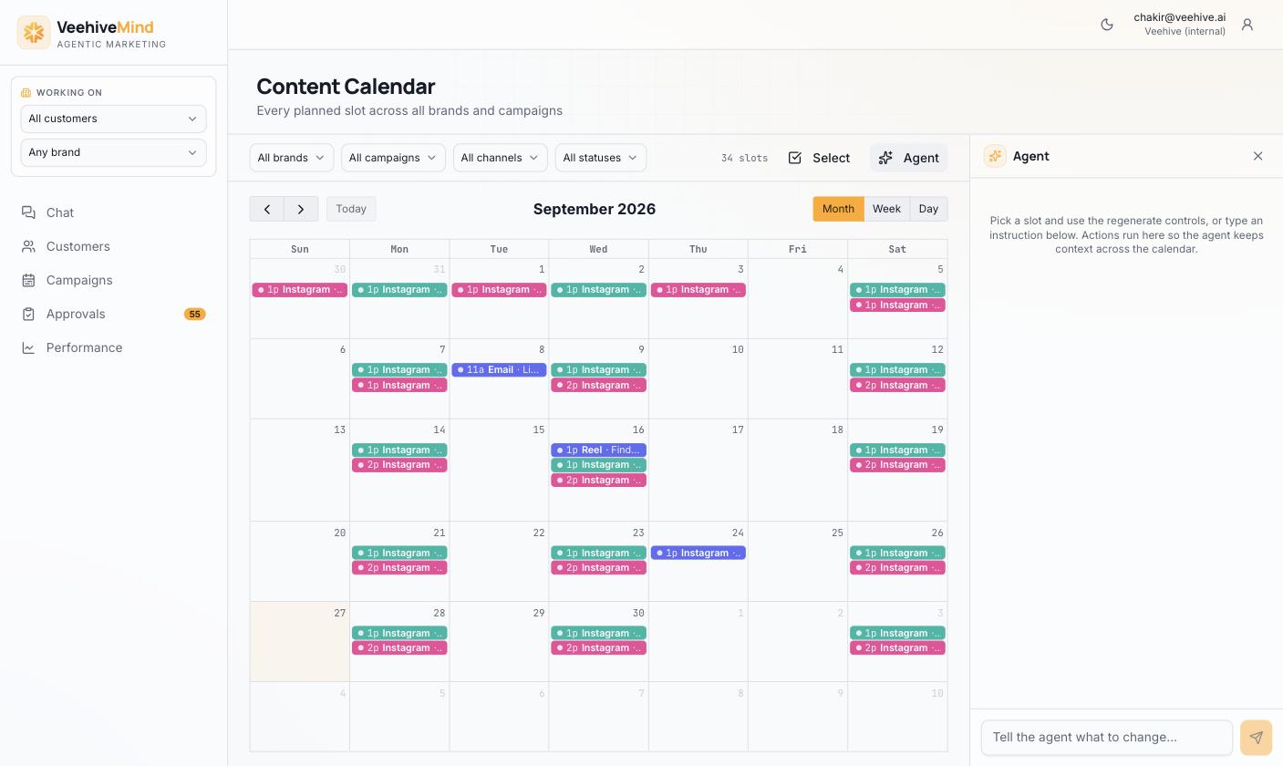 Veehive Mind content calendar for September with every brand's posts, and the agent panel open beside it